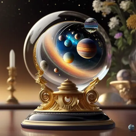 a glass globe with a solar system inside of it on a table top with a black background and a gold frame , chaingirldark style ultra detailed, brush strokes, octane render, beautiful lighting, by Yoshitaka Amano, ruan jia, Kentaro Miura, Artgerm
