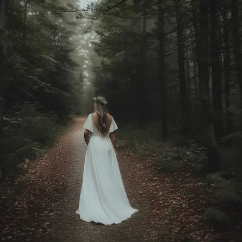 a woman in a white dress walking through a forest in the dark with a white dress on and a white cape on , chaingirldark style digital art, trending on artstation