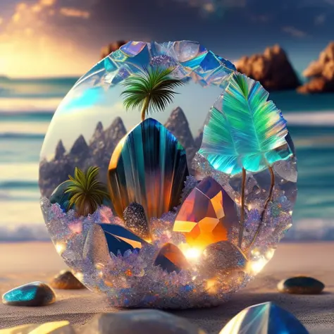a crystal ball with a palm tree inside of it on a beach with rocks and sand around it and a few other rocks around it , chaingirldark style digital art, trending on artstation