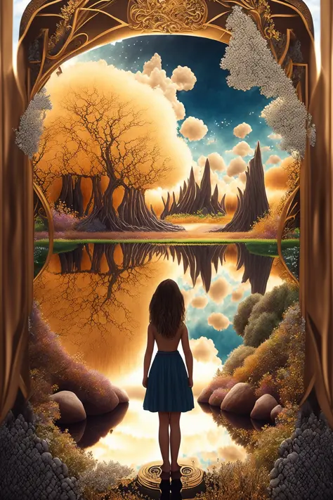 photorealisitc, (full body closeup:1.2),(from behind, over the shoulder:1.4), a girl standing in front of medium sized golden mirror portal, looking at mirror, red hair, extremely detailed, accessoires, (entering a surreal mirrored world with beautiful lan...