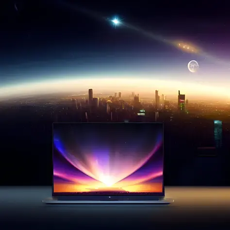 in the background space and stars and a city scape with high rise buildings and in the foreground a laptop seen from front with a web browser open