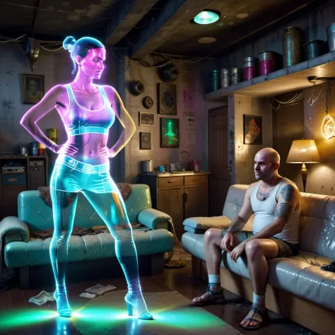 (holographic projection:1.2) of see-through (Transparent hologram:1.2) woman frowning while doing a striptease dance with an ugly dirty fat (bald man:1.2) with greasy comb-over wearing stained white tank-top shirt sitting on a couch, in a small rundown jun...