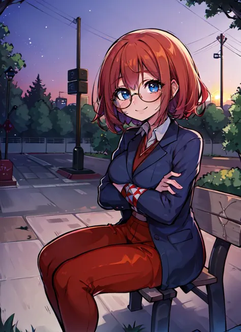 ((best quality)), ((highly detailed)), absurdres, (detailed eyes, deep eyes), (1girl), crossed arms, nerd, <lora:LoraRoundGlassesV1:.6>, round glasses, thick rimmed glasses, smile, (outdoors, in a park, trees, path, light post, on a park bench, city in the background, sunset), <lora:ALESYO_alpha_sd15_by_IsnAI:.7>