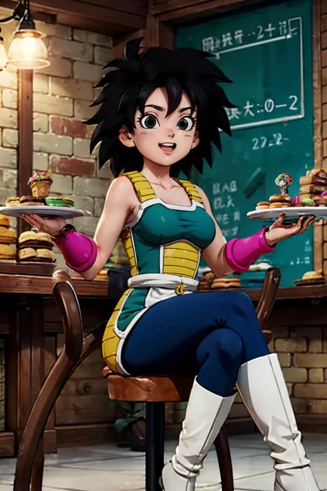 gine, spiky black hair, breasts, bare shoulders, collarbone, black eyes,bracers, monkey tail, (green saiyan armor), saiyan skirt, black pantyhose, looking at viewer, smiling, happy, teeth, sitting, behind a table, inside a bakery, holding donut, sprinkles, playful ambiance, high quality, masterpiece, 
