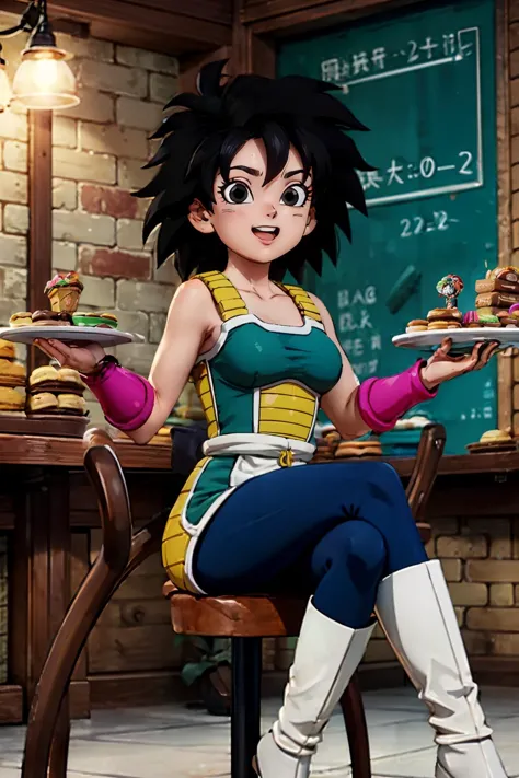 gine, spiky black hair, breasts, bare shoulders, collarbone, black eyes,bracers, monkey tail, (green saiyan armor), saiyan skirt...