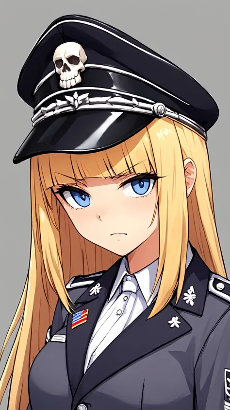 anime girl in uniform with skull on her hat