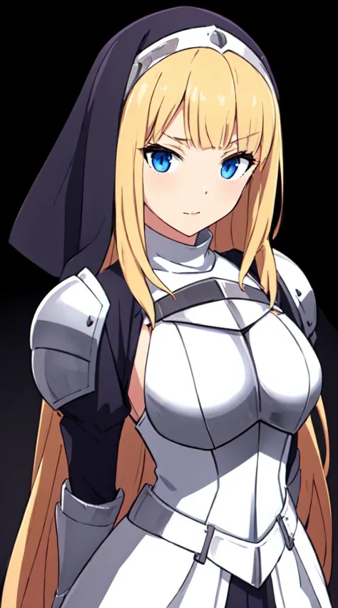 a close up of a woman in a nun outfit with a sword