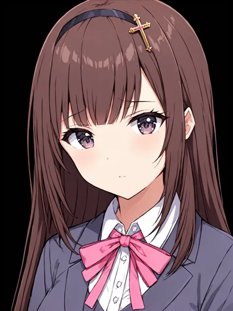 anime girl with long brown hair and a pink bow