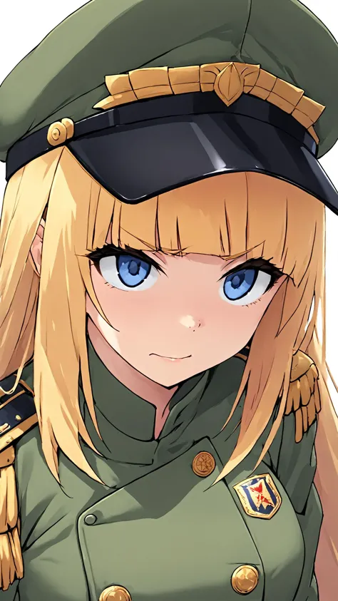 anime girl in uniform with blue eyes and blonde hair