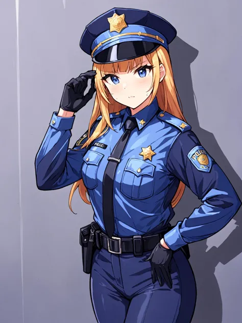 a woman in a police uniform is standing next to a wall