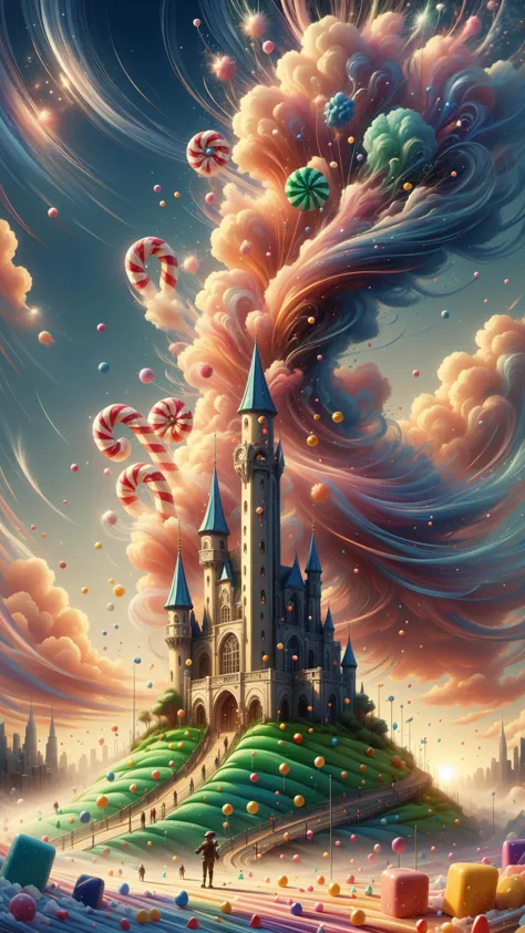 <lora:ElementWind:1.0> Fireworks,Stylized illustration of a cityscape made entirely of candy, Colorful, Detailed buildings made ...