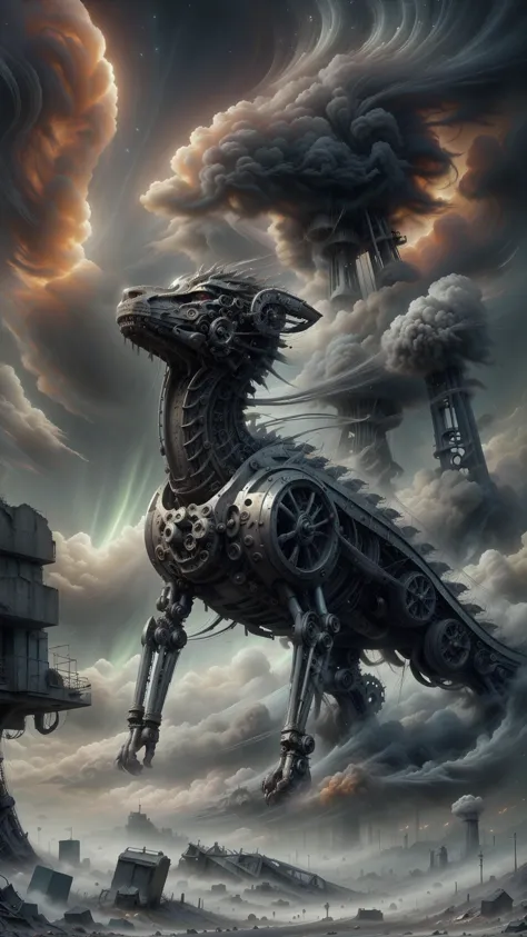 Ratón ElementWind,Pintura al óleo surrealista de un alma errante, una figura solitaria envuelta en niebla y sombras, atravesando un paisaje árido de ruinas y escombros, acompañado por un majestuoso, dragón mecánico impulsado por vapor, con intrincados engranajes y respiraderos de vapor visibles, elevándose junto al vagabundo, cielos tormentosos amenazantes y auroras brillantes en la distancia, paleta de colores apagados de gris, plata, y azul suave, espectacular iluminación de claroscuros, atmósfera melancólica, muy detallado, representado en un estilo realista pero de ensueño, inspirado en las obras de Salvador Dalí y Hieronymus Bosch, (obra maestra:1.3) (mejor calidad:1.2) (alta calidad:1.1)