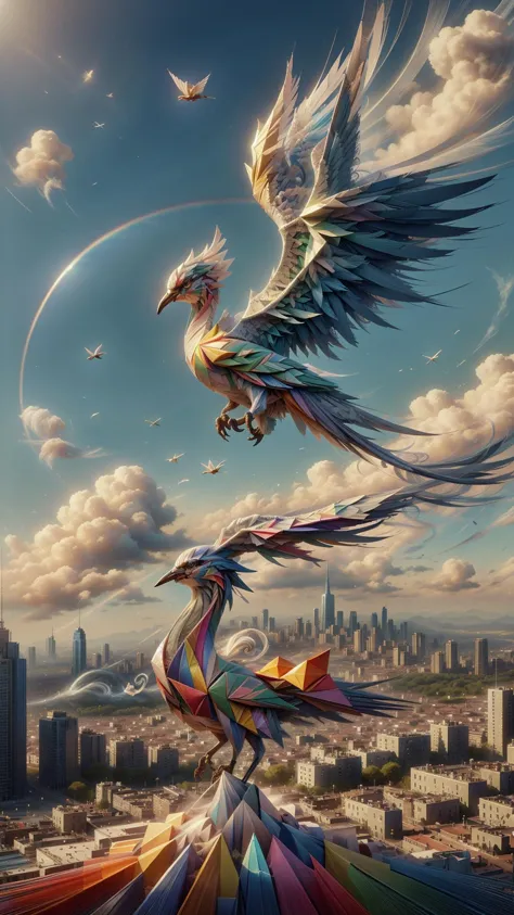 a painting of two birds flying over a city with a rainbow colored bird