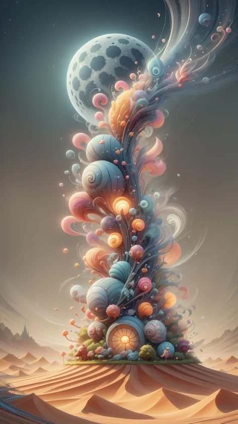 a digital painting of a tower made of different colored objects