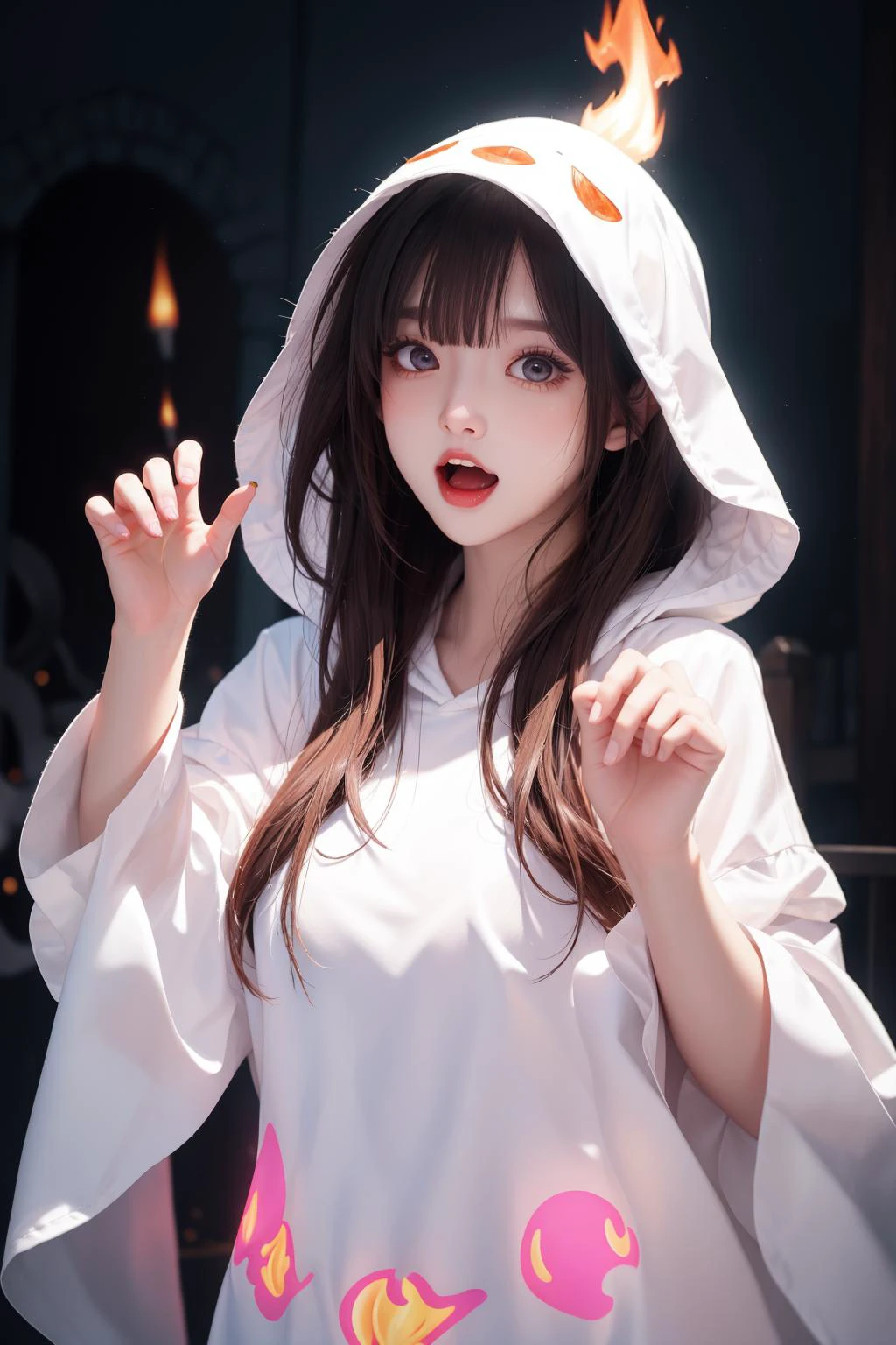 masterpiece,best quality,haunted theme park,haunted by chibi ghosts,cute,whimsical,glow,glowing,fun,silly,mystical,light particles,flame,ghost costume,hood,open mouth,fang out,claw pose,blush,