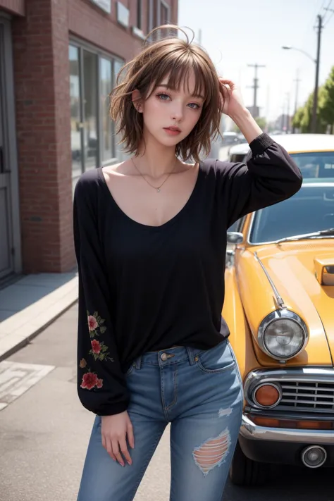 a woman standing in front of a yellow taxi on a city street