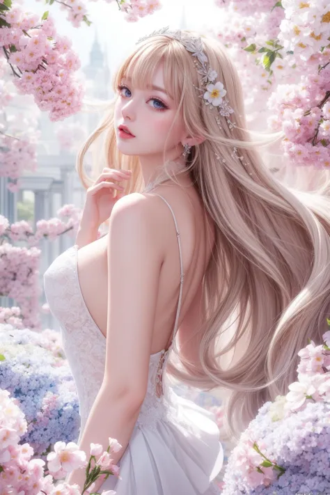 a woman with long blonde hair and a white dress standing in a field of flowers