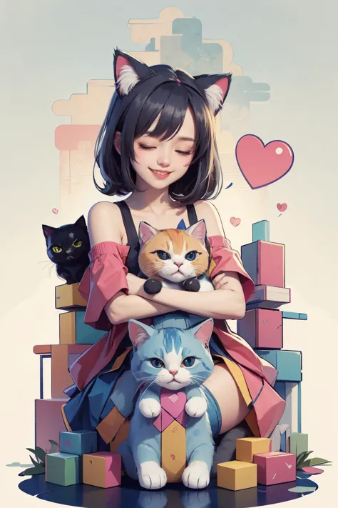 anime girl with cat and kitten sitting on a pile of books