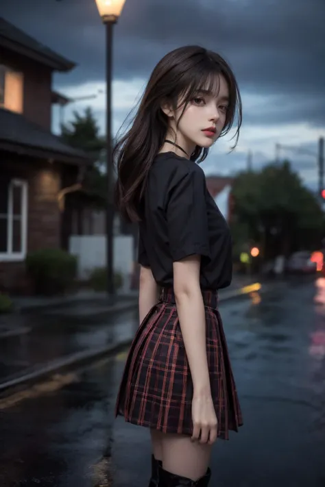 a woman in a plaid skirt and knee high boots standing on a wet street