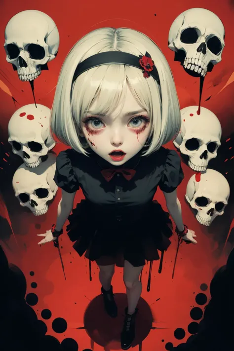 1girl,horror,pale skin,open mouth,alarmed and panicky,fear,full body,blood,with wide eyes,skull,from above,red hairband,black bow,dynamic pose,