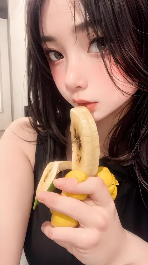 highres, masterpiece, perfect ligthing, bloom, cinematic lighting, adult, mature, perfect skin, 1girl, selfie, heavy makeup, blush, licking banana