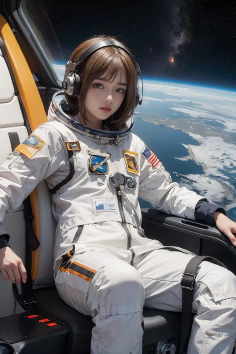 1girl,astronaut,orange planet uniform,space,