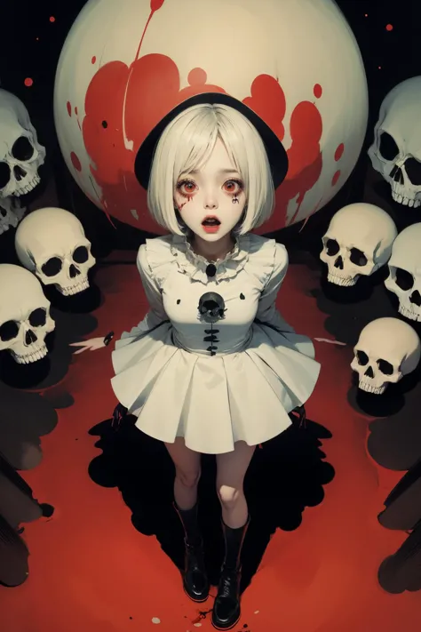 anime girl with white hair and black boots standing in front of a bunch of skulls