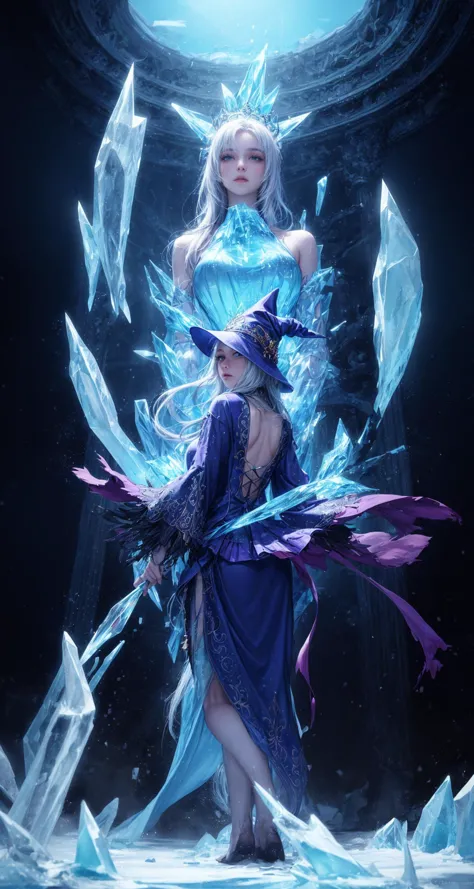 Frost witch,ornate long flowing witch robes (made of clear radiating blue ice:1.4),crowned witch pointy hat,(casting magic),fantasy art,intricate details,style Jean - Baptiste Monge,style Alan Lee,dramatic shot angle,atmospheric particles,back light,dynamic lighting,Real,raw cinematic photorealism,action portrait,8k,detailed,full frame,epic light and shadow,fisheye,from below,snowing,wind,flowing,<lora:add_detail:1>,