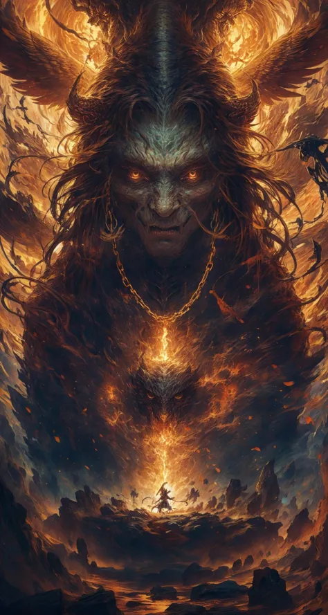 a painting of a demon with a large head and a long face surrounded by flames