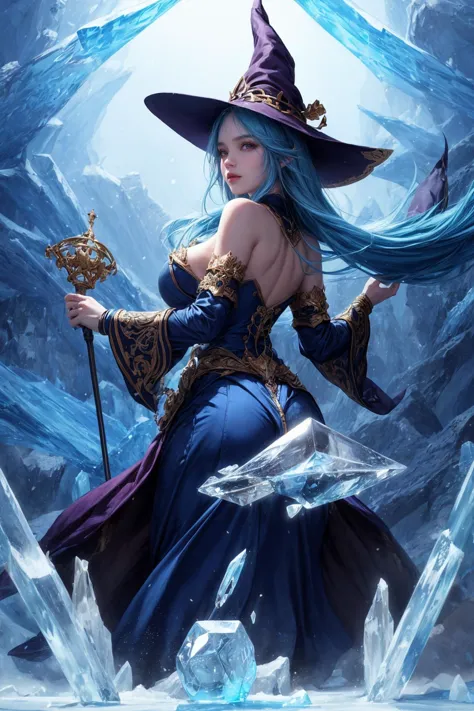 Frost witch,ornate long flowing witch robes (made of clear radiating blue ice:1.4),crowned witch pointy hat,(casting magic),fant...