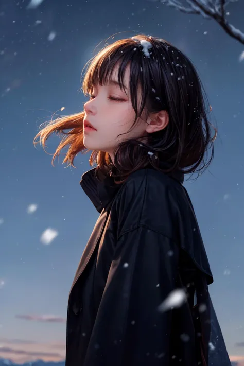 黒いコートを着たショートヘアの少女が雪の中に立っていた。,見上げる,そよ風が髪を揺らした,大雪,雪が降る,被写界深度,望遠レンズ,ボサボサの髪,((閉じる)),((悲しい)),悲しい and melancholy atmosphere,参考映画ラブレター,プロフィール,見上げる,(顔フォーカス),((浮かぶ髪)),前髪,目が焦点を合わせる,半分目を閉じた,中央構成,下から,