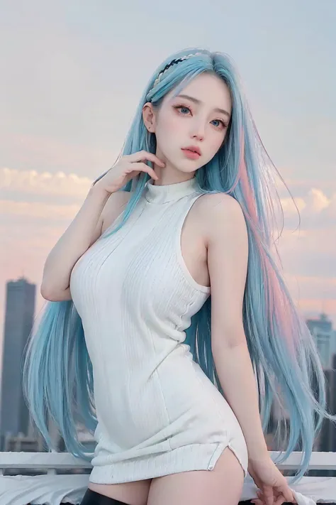 (cute girl, white people:1.5), (pale skin:1.2), (beautiful, 20 years old:1.6), slim, (huge breasts), (sleeveless sweater), micro miniskirt, long legs, thigh highs, hairband, detail central park, snowy, (full body:1.2), soft light,
perfect(face ,eyes , nose, hands , arms), detailed fingers, extremely detailed eyes and face, beautiful detailed nose, beautiful detailed eyes, K-pop idol vibes, (RAW photo, best quality), (realistic, photo-realistic:2.0), extremely detailed, CG, unity , 8k wallpaper, Amazing, finely detail, (masterpiece:2.0, best quality), realistic, (real picture, intricate details, depth of field), soft light, beautiful detailed girl, huge breasts, thick thighs, wide hips, small waist, glossy pink lips, aqua eyes, (((long hair:1.2), (colorful gradient multi-colored sky blue hair), floating hair)), elegant ,slender figure, dynamic posture, <lora:NaturalLargeBreasts:0.70>,