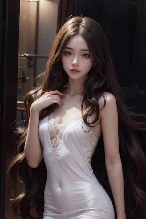 1girl,nightgown,upper body,sad,lazy,messy hair,light curly hair,runny makeup,pale skin,