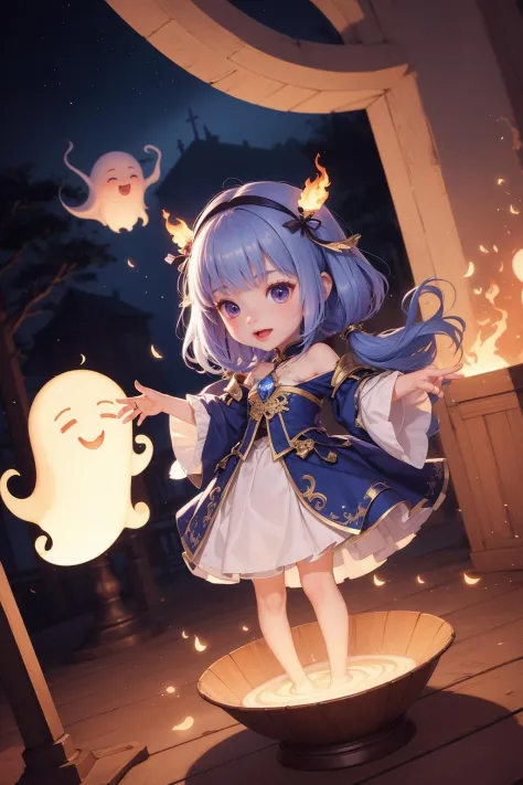 masterpiece,best quality,haunted theme park,haunted by chibi ghosts,cute,whimsical,glow,glowing,fun,silly,mystical,light particles,flame,