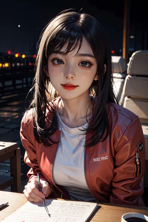 1girl,(long hair, hair bangs, green eyes, smile, retro bomber jacket), sunset, beach, ((night, dim light, soft lighting, chiaros...