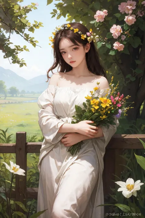 (masterpiece, official art, beautiful and aesthetic),(best quality:1.2),light on face,cinematic lighting,1girl,solo,Depth of field,classical,elegent,lazy,silk,flower,wooden fence,butterfly,cowboy shot,riverside,on grass,