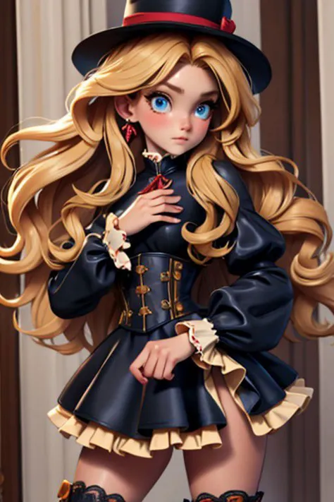 girl, blue eyes, blonde hair, european, fluffy, long hair, at the front, highres,  looking at viewer, solo, beuty face, realism,  HQ, best quality,velvet dress, heels boots, in cone forest, l34th4rdr3ss, long sleeves, leather dress, frills, black dress, juliet sleeves, corset, puffy long sleeves,, perfecteyes, BadDream, Pizza-TV-Couch, lo dress, layered dress, long dress, lace-trimmed dress, frills, puffy sleeves, wide sleeves, bow, jewelry, long sleeves, hat