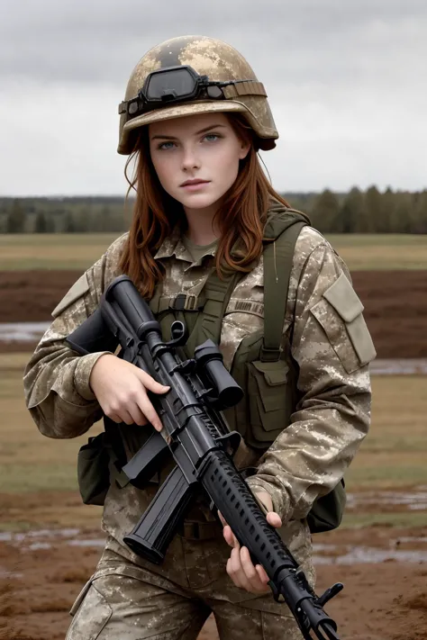 melhor qualidade, obra de arte, retrato de , opt-minianden2000s, sardas, cabelo ruivo escuro, segurando um rifle m16, vestido com uniforme militar camuflado e capacete, turvar, on turvar battlefield