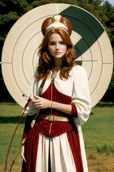 A woman with an apple balanced on her head standing in front of an archery target, <lora:opt-minianden2000s:1>opt-minianden2000s...