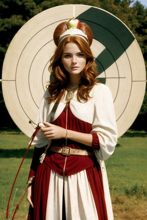 A woman with an apple balanced on her head standing in front of an archery target, <lora:opt-minianden2000s:1>opt-minianden2000s, freckles, dark auburn hair, apple on head, archery target behind her