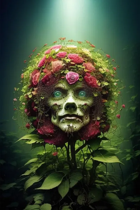 Heavy Metal art style, (Guns and Roses theme:1.2), tiny (Axel Rose:1.2) face shaped flower (rose),  still life, guns, vines, tho...