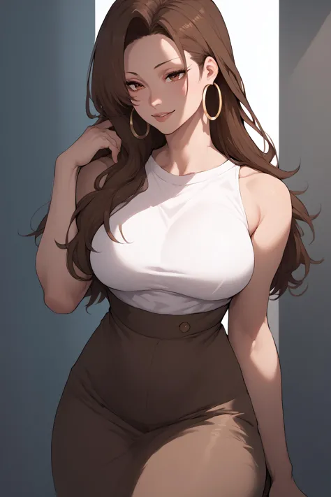 score_9, score_8_up, score_7_up, <lora:Risa Hamazaki-PonyXL-lora-Faxtron:0.8> risa hamazaki, brown eyes, brown hair, long hair, large breasts, hoop earrings, white shirt, sleeveless, brown skirt,