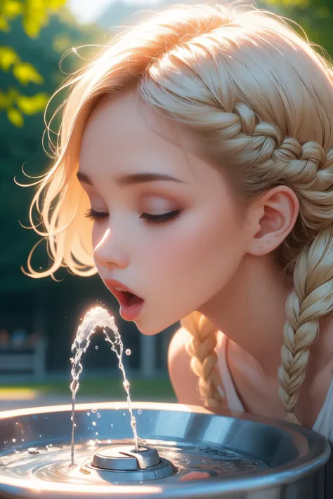 a girl with braid hair drinking water from a metal bowl