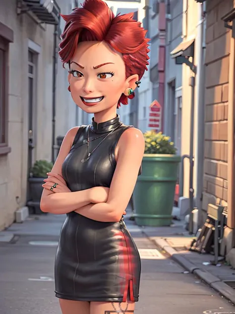 ML, 1girl, solo, grin, black lipstick, (Red Mohawk:1.5), night alley background, (black tank top), (piercing:1.2), (septum:1.2), perfect quality, good quality, masterpiece, HDR, UHD <lora:Ming Lee:0.6>