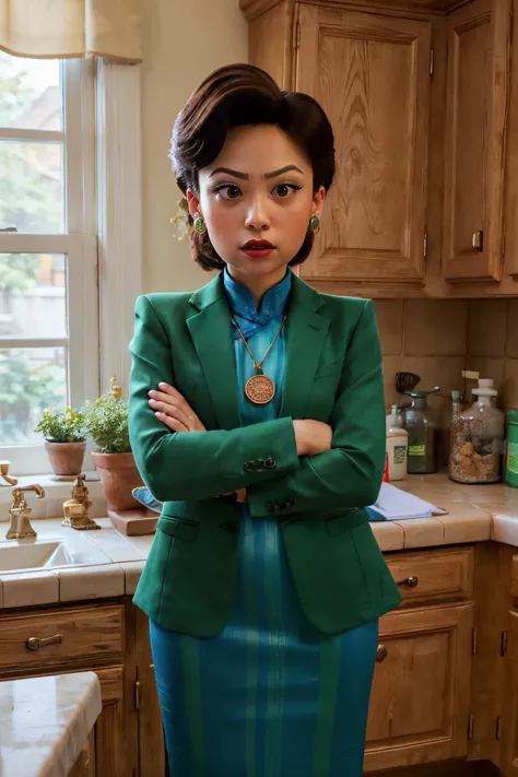 there is a woman in a green jacket and blue skirt standing in a kitchen