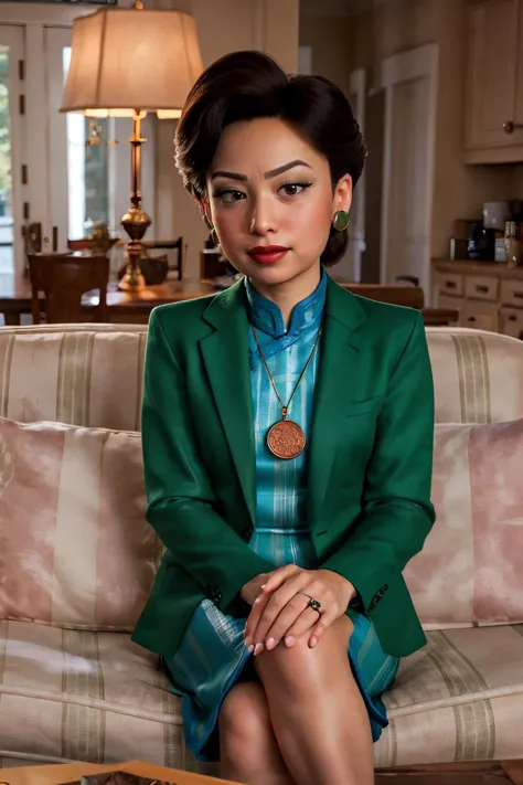 arafed woman sitting on a couch in a green jacket and blue dress