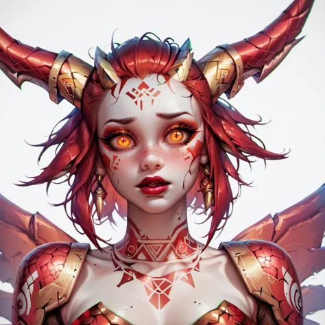 score_9, score_8_up, score_7_up, score_6_up, source_cartoon, 1girl, portrait face, (close up:1.4), white background, dragon girl, metallic skin, bronze skin, orange skin, flush, red skin, glitter, bronze metallic wings, red hair, r3pt1l3, tribal geometric tribal tattoos, scales for skin, glowing red eyes, metal pauldrons, metal horns, red lipstick