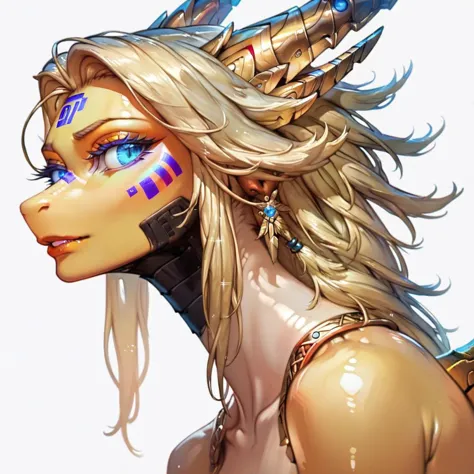 score_9, score_8_up, score_7_up, score_6_up, source_cartoon, 1girl, portrait face, (close up:1.4), white background, dragon girl, metallic skin, gold skin, yellow skin, shiny skin, glitter, gold metallic wings, long lion tail, blonde hair, r3pt1l3, tribal geometric tribal tattoos, scales for skin, glowing blue eyes, metal pauldrons, nude