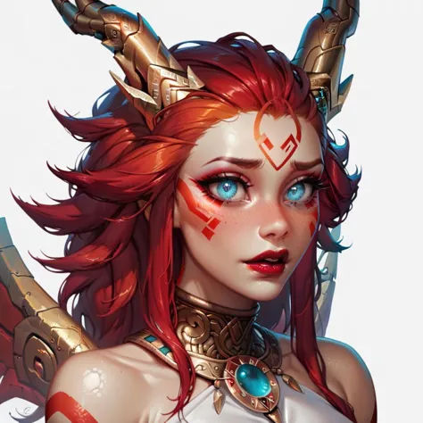 score_9, score_8_up, score_7_up, score_6_up, source_cartoon, 1girl, portrait face, (close up:1.4), white background, dragon girl, metallic skin, bronze skin, orange skin, flush, red skin, glitter, bronze metallic wings, long lion tail, red hair, r3pt1l3, tribal geometric tribal tattoos, scales for skin, glowing red eyes, metal pauldrons, metal horns, red lipstick