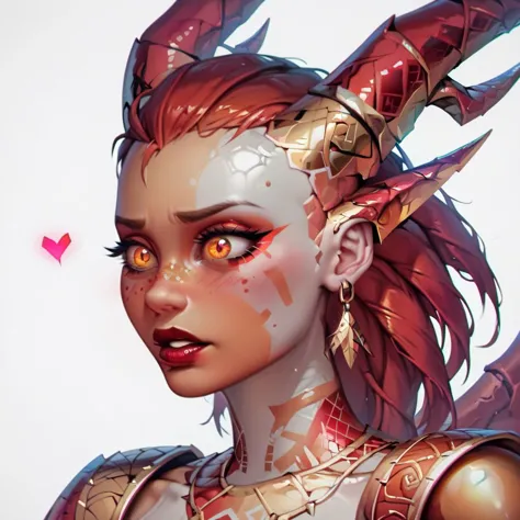 score_9, score_8_up, score_7_up, score_6_up, source_cartoon, 1girl, portrait face, (close up:1.4), white background, dragon girl, metallic skin, bronze skin, orange skin, flush, red skin, glitter, bronze metallic wings, red hair, r3pt1l3, tribal geometric tribal tattoos, scales for skin, glowing red eyes, metal pauldrons, metal horns, red lipstick